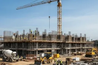 Obra de construção civil com guindaste