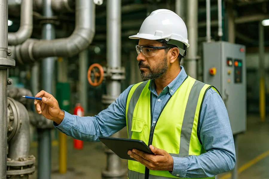 Engenheiro de segurança do trabalho avaliando instalações industriais